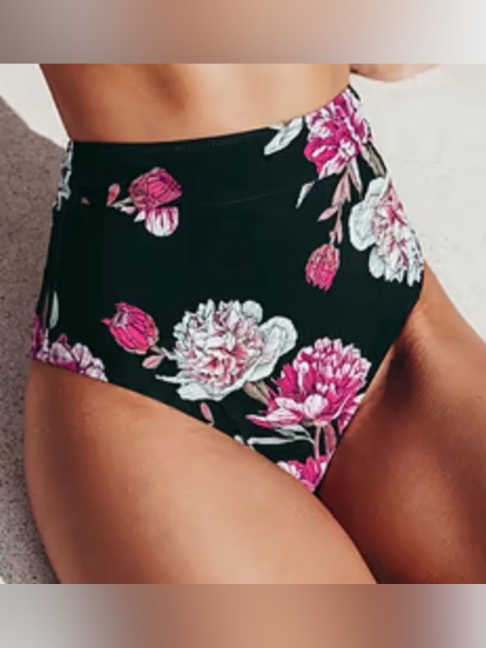 Cupshe Black High-Waist Floral Shorts with Pink Flowers